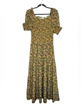 Max Studio Yellow Floral Smocked Tiered Maxi Dress Puff Sleeve L Cottagecore